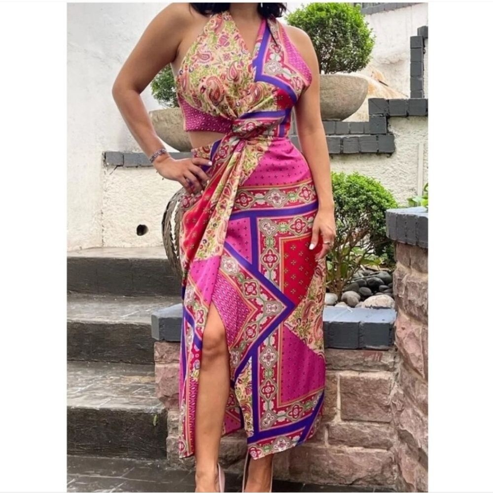 NWT Zara PATCHWORK PRINTED HALTER NECK MIDI DRESS